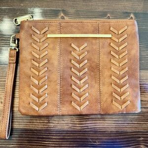 Steve‎ Madden Whipstitch Boho Western Tan Wristlet Clutch with Gold Accent EUC